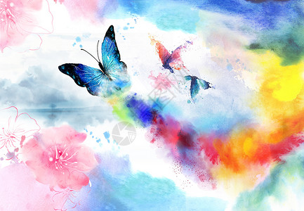 颜色飞溅水墨蝴蝶花卉设计图片