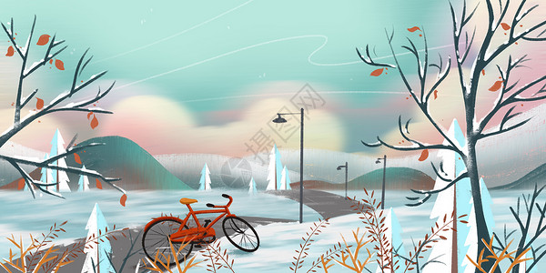 自行车公路冬日风景插画
