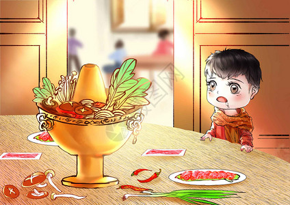 桌子上的一碗肉冬季火锅美食插画