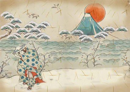 冬天富士山浮世绘-雪景插画
