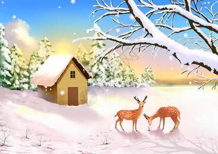 两只小鹿冬季插画