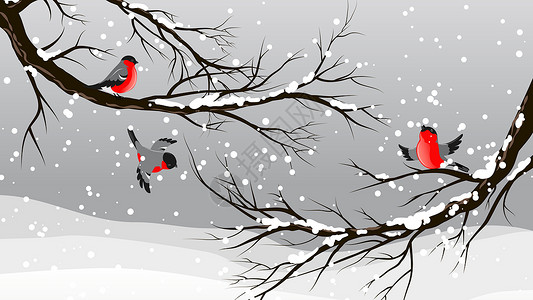 中国风雪景蓝色手绘枝头小鸟高清图片