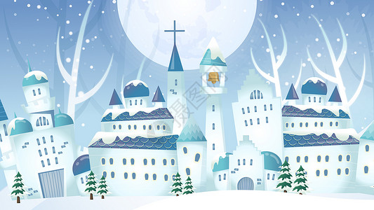 蓝色冬至字体冬天城堡插画