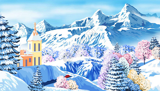 教堂山雪山风景插画