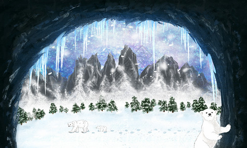 极光冬季雪山洞穴外的雪飘飘插画