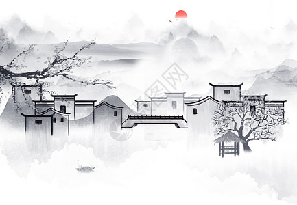 中国风山水小镇中国风水墨山水设计图片