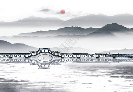 石拱桥中国风水墨山水设计图片
