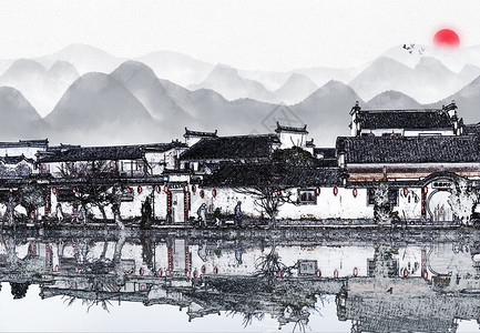 山小镇中国风水墨城镇设计图片