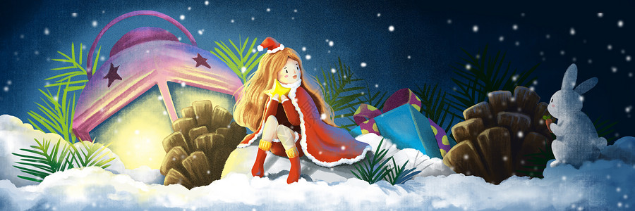 松果木灯圣诞节的小女孩插画