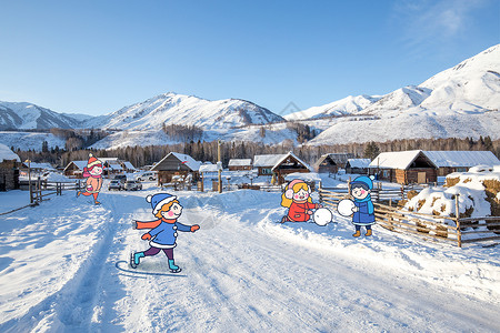 冬季雪地上玩耍的孩子们插画