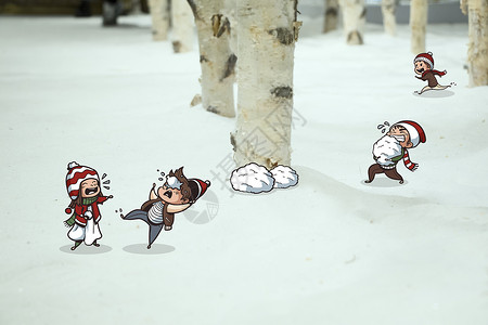 雪人和小孩子雪地上树下小孩们玩耍插画