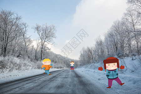 小孩在地上创意插画在雪地上玩的孩子插画