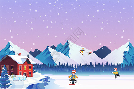 冬天滑雪雪人冬季唯美雪景中户外游玩插画