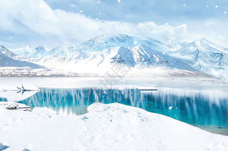 山湖雪墩冬季雪景设计图片