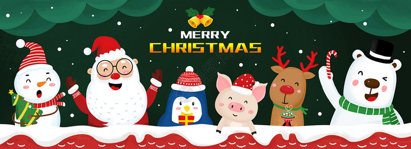 红色圣诞节促销海报圣诞节动物插画