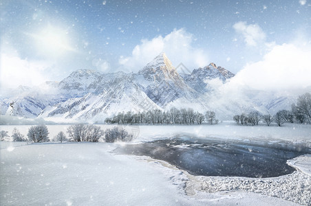 湖雪冬季雪景设计图片