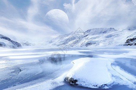 湖面上的月亮冬天雪景设计图片