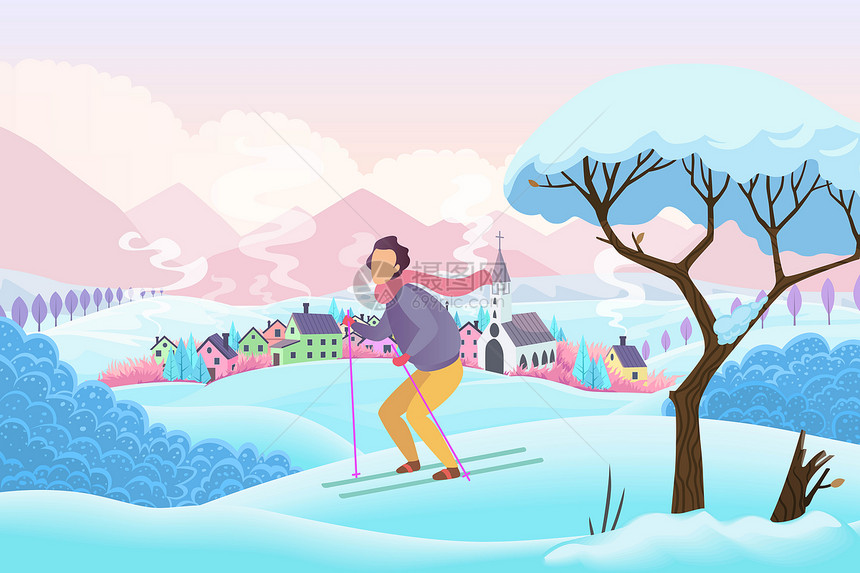 冬日滑雪唯美风景插画图片