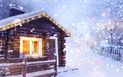 小木屋雪景冬夜设计图片