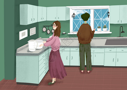 水槽橱柜情侣厨房插画