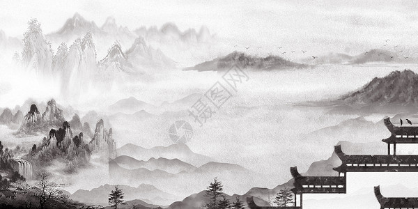 黑色山峰中国风水墨画设计图片