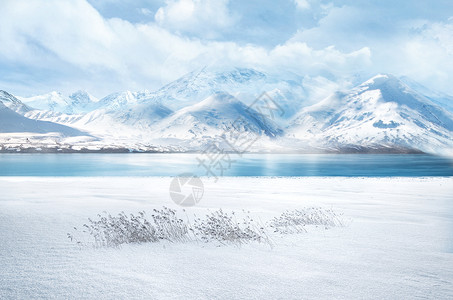 山湖雪墩冬天风景设计图片