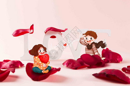 女生玫瑰玫瑰花瓣上的情侣插画