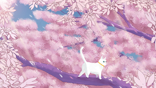 树木猫咪春天樱花盛开插画