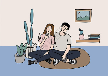 仙人掌植物可爱室内情侣情人节插画