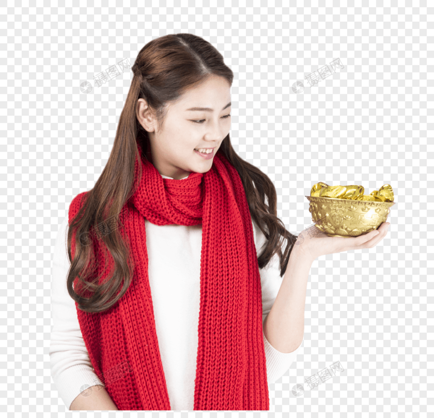 新年女性拿着金元宝图片