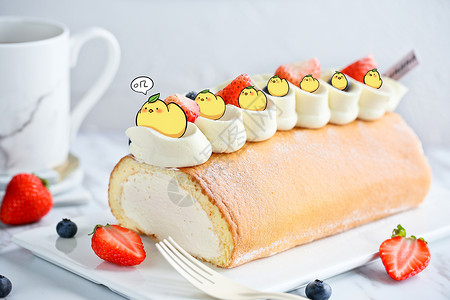 面包柿子蓝莓创意蛋糕鸡插画