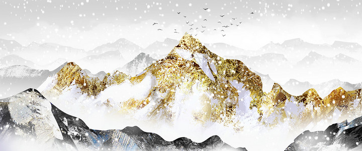 金色冰雪新中式冬季山水风景画插画