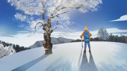 冬季雾凇雪景中的旅行者插画