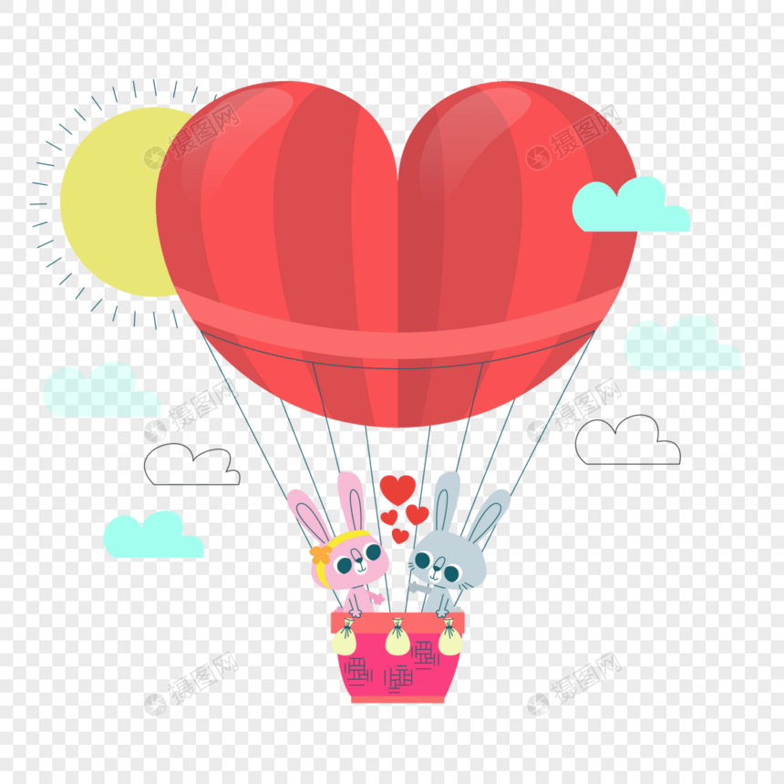 浪漫热气球上约会的小兔子图片