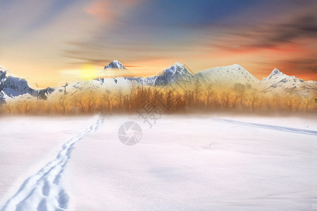 雪景夕阳冬季雪景设计图片