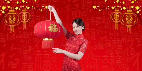 晚礼服红色手拿灯笼新年祝福设计图片