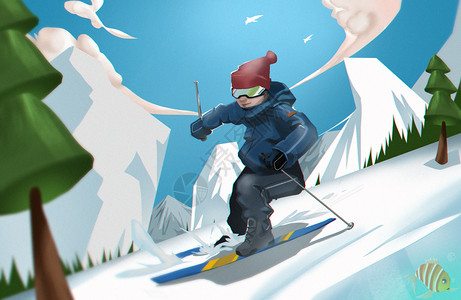 户外滑雪的男人冬季户外滑雪运动插画