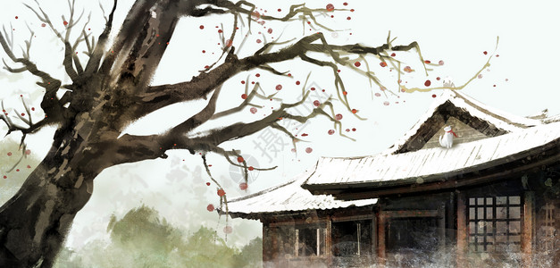 新中式房子古风二十四节气之古楼冬季古风水墨山水画插画