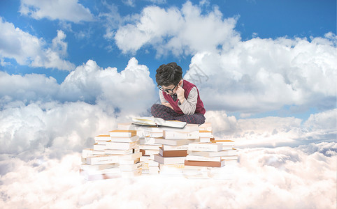孩子坐在书上云端学习的孩子设计图片