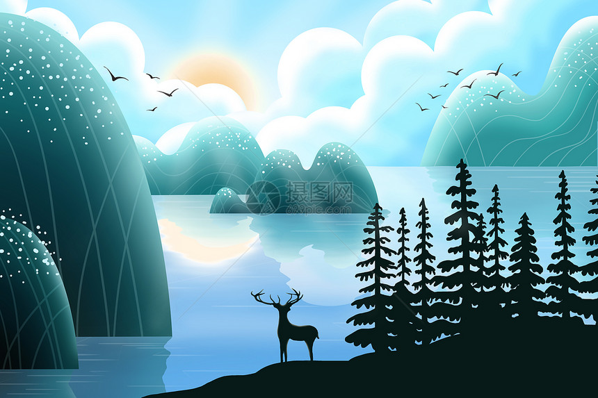 山水麋鹿风景插画图片