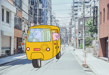 夏天道路创意日本旅行小猪插画