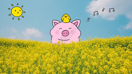 春季美景站在油菜花里的小猪插画