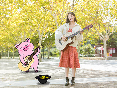 弹吉他的猪表演小猪插画