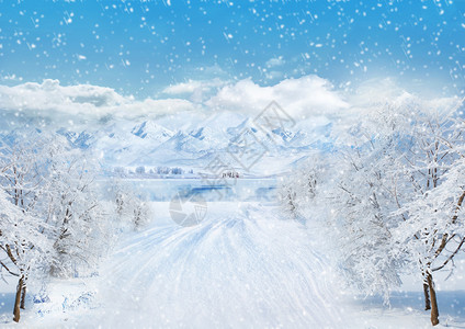 雪山河流冬季雪景设计图片