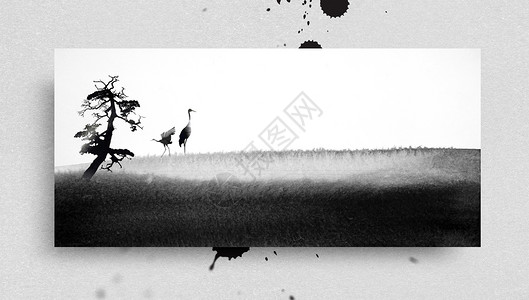 湿地丹顶鹤中国风水墨画设计图片