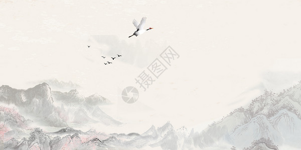 简约山水风景画飞翔的仙鹤设计图片