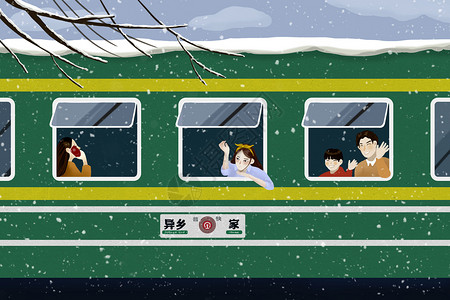 火车车窗回家的绿皮火车插画