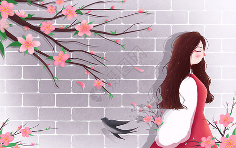 春天绽放的红色海棠花唯美治愈立春插画插画