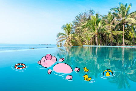 室内游泳创意泡温泉小猪插画