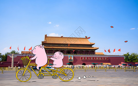 北京国家体育馆骑自行车的小猪插画